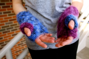 Dark blue and dark purple crochet handwarmers/fuzzy fingerless mittens