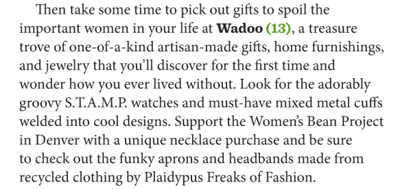 Wadoo and Plaidypus blurb in FortCollins Summer 2014 Magazine